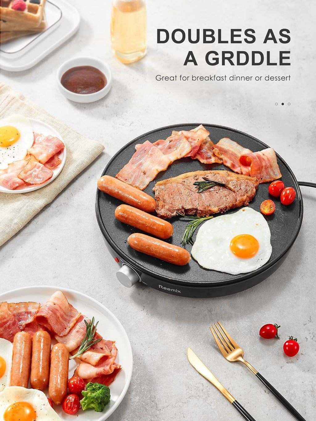 Crepe Maker Machine, Reemix Nonstick 12” Electric Griddle, Compact Pancake Griddle Precise Temperature Control, Batter Spreader for Eggs, Pancakes, Includes Spatula, Spreader（Black）