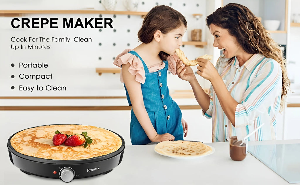 Crepe Maker Machine, Reemix Nonstick 12” Electric Griddle, Compact Pancake Griddle Precise Temperature Control, Batter Spreader for Eggs, Pancakes, Includes Spatula, Spreader（Black）